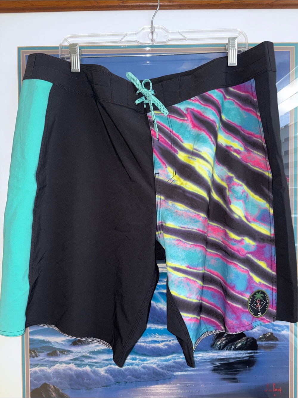 Billabong Black Swim Board Shorts with Teal and Multicolor Wave Panel